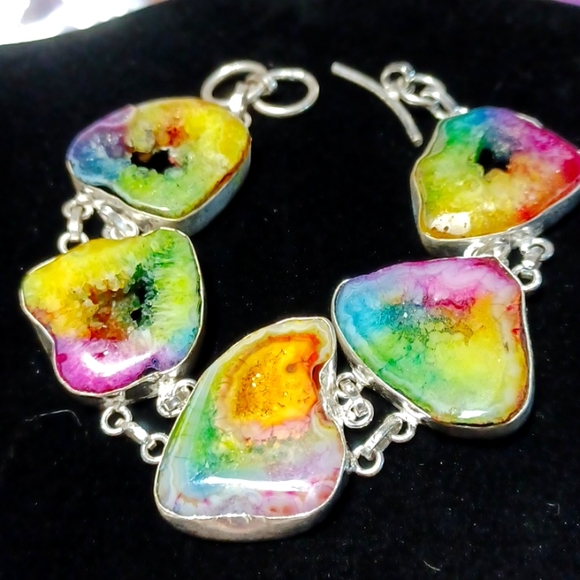 Solar agate bracelet silver rainbow colorful druzy crystal golden yellow purple - Picture 5 of 5